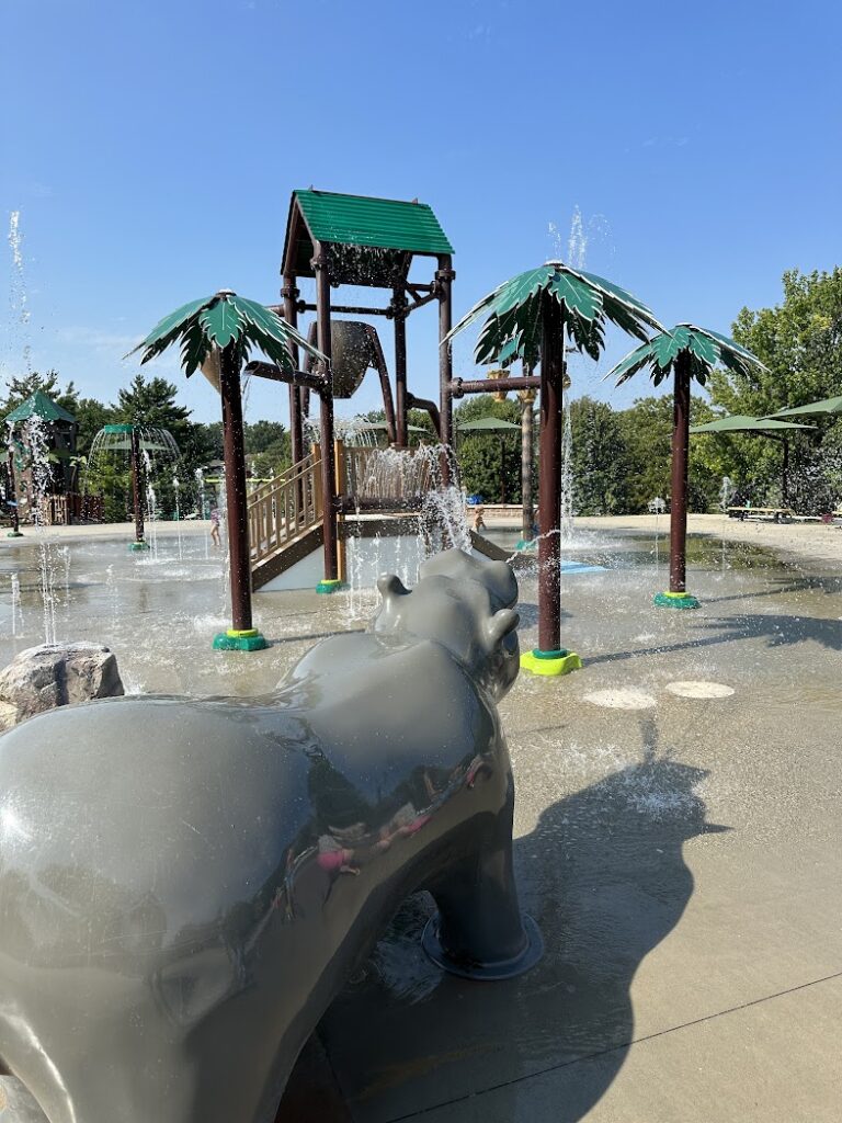 a hippo and splash pad at Burrus Old Mill Park