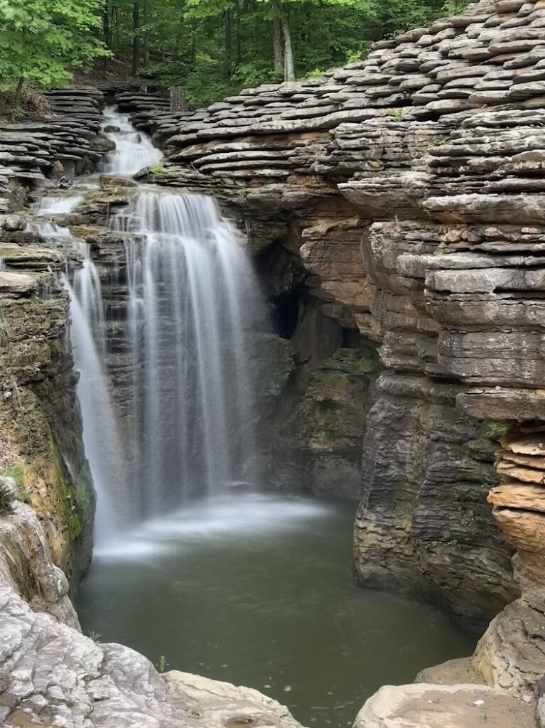 A waterfall at Lost Cave Canyon in Branson, Missouri, in weekend trips from Kansas City