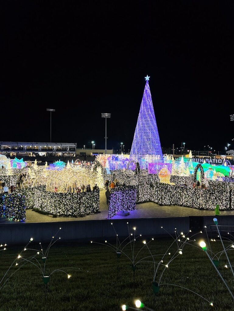 A giant lit tree and light up maze at Jingle in Kansas City at Christmas time