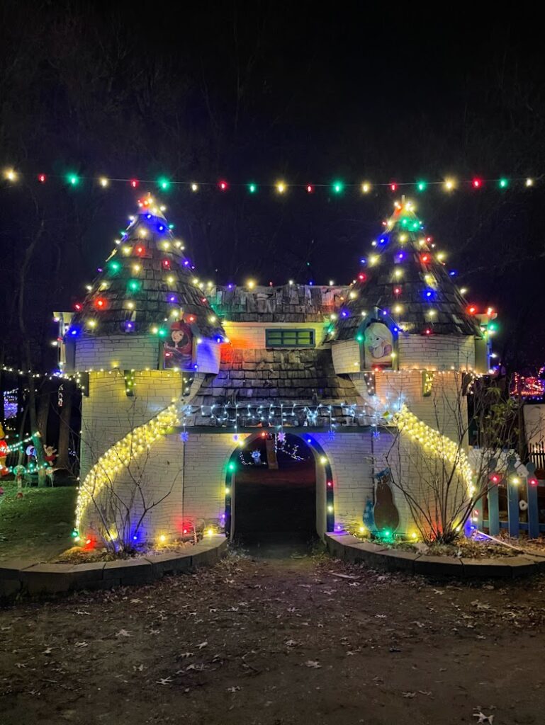 A castle decorated with Christmas lights at the Renaissance Festival Fairgrounds in Bonner Springs near Kansas City 