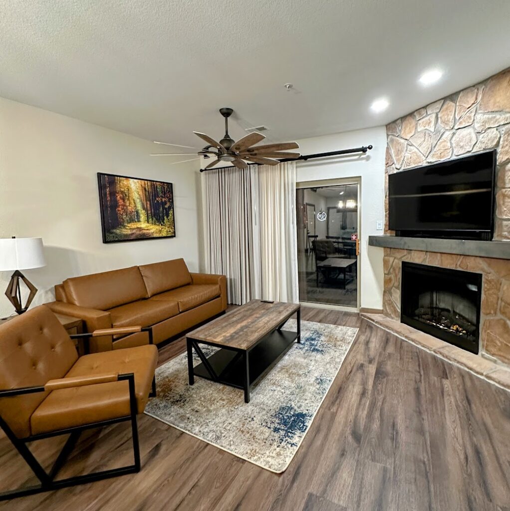 Our living room and fireplace at Westgate Branson Woods Resort