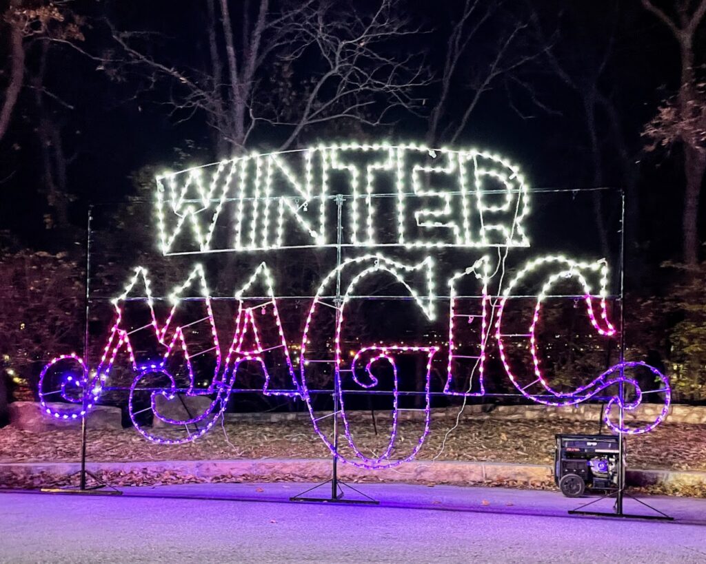 A giant lit sign saying Winter Magic, Christmas in Kansas City